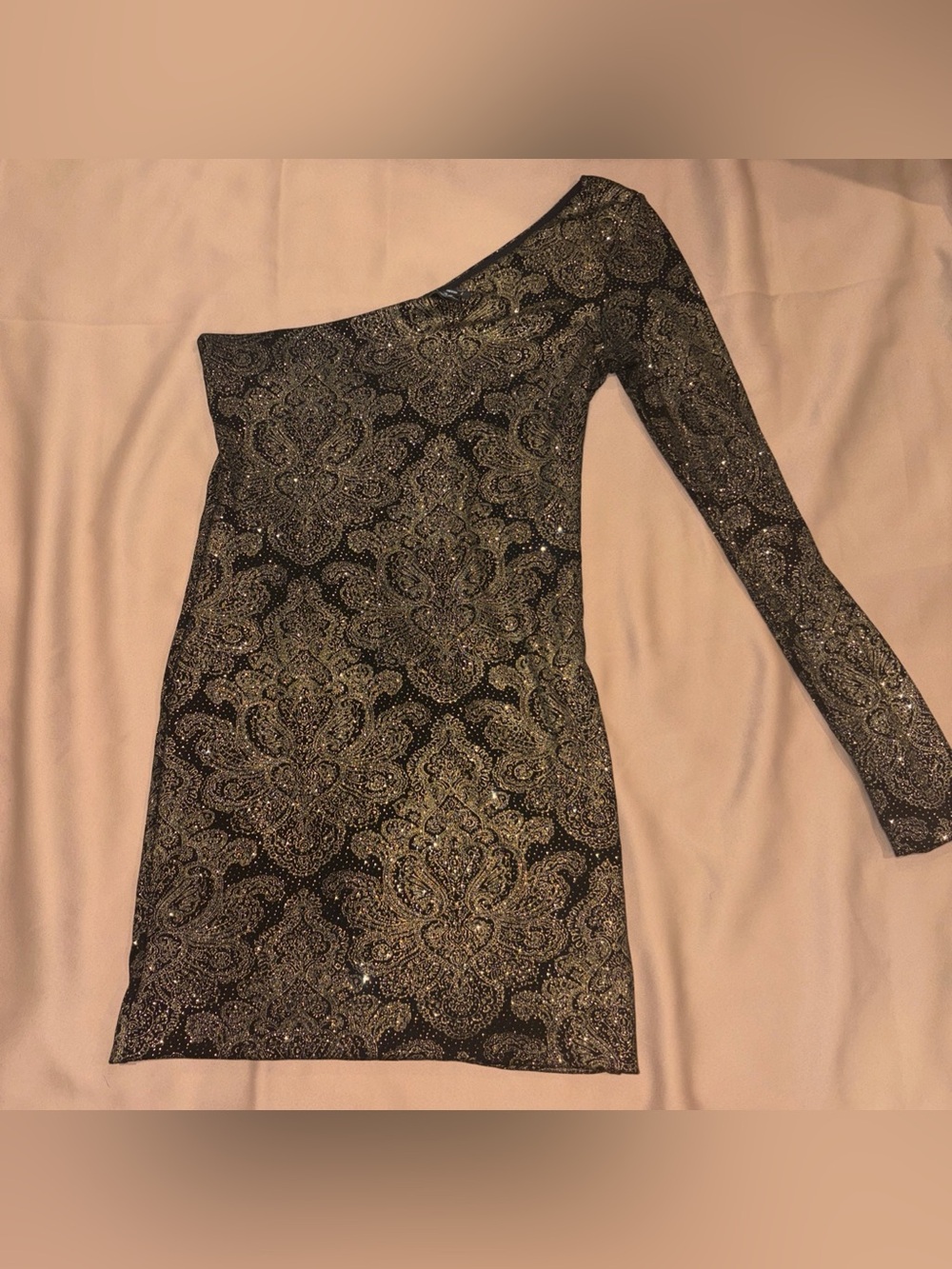 Guess Marciano Gold LBD Sequin One Sleeve Dress Mini  Bling Clubwear Holiday